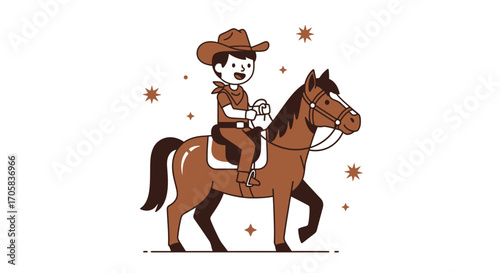 Animated Cowboy Rides A Trusty Horse Alongside Decorative Stars On White Background