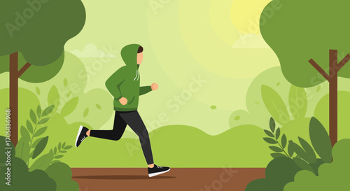 A Runner In Green Apparel Races Through A Lush Park With Verdant Surroundings