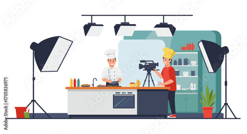 Culinary show setup with chef and cameraman in modern kitchen studio