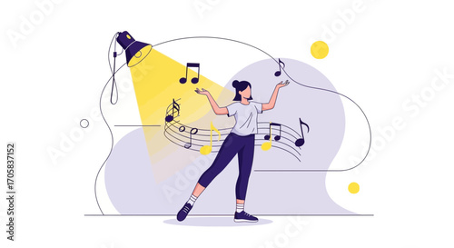 Animated Female Dancing With Musical Notes And Illuminated Spotlight Illustration Design