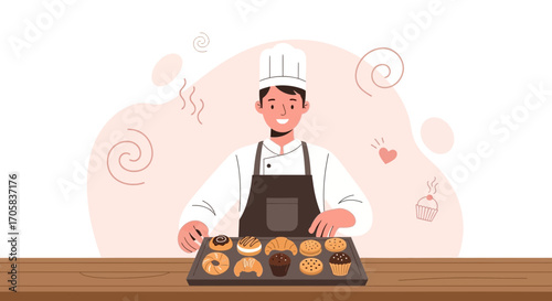 A Smiling Baker Displays Assortment Of Delicious Baked Goods, Fresh From The Oven