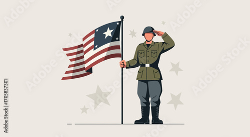 A Soldier in Uniform Salutes While Holding The American Flag With Star Decorations