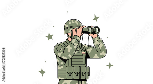 A Soldier Observing Through Binoculars With Camouflage Uniform and Stellar Background