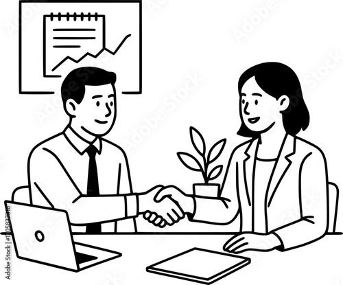 Black and white line art of office colleagues shaking hands, teamwork and partnership theme