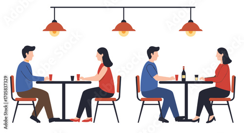 Couples dining in modern restaurant setting with warm lighting
