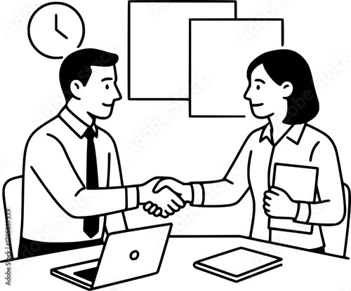 Black and white line art of office colleagues shaking hands, teamwork and partnership theme