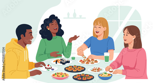 Animated Illustration Of A Diverse Group Of People Enjoying A Meal Together