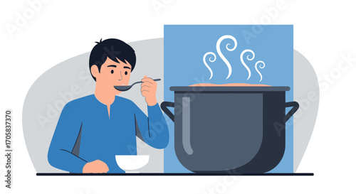 Animated Illustration of a Man Tasting Delicious Food From a Large Pot