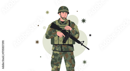 A Soldier Wearing Camouflage Uniform and Carrying Weapon in a Simplified Illustration