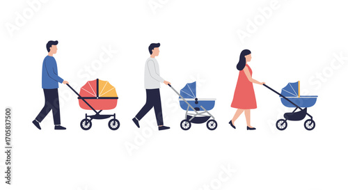 Parenting journey: diverse parents strolling with baby carriages in flat design
