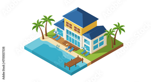 Isometric tropical resort with pool and palms