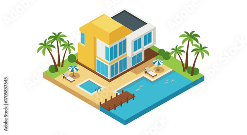 Modern isometric beach house with pool and palm trees in tropical setting
