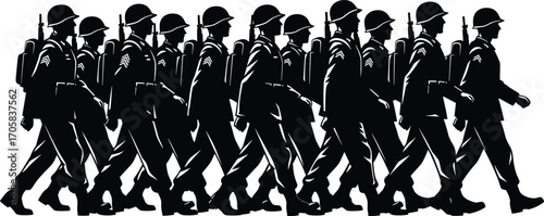 Silhouettes of armed soldiers marching in formation, military troops with rifles, army personnel walking in uniform, soldier group silhouette, disciplined war veterans, army parade vector art