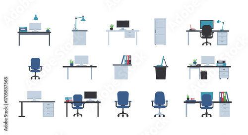 Modern office furniture collection: desks, chairs, and accessories for workplace design