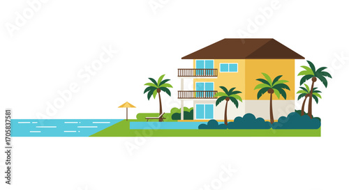 Beachside resort with tropical palm trees and swimming pool in flat design style