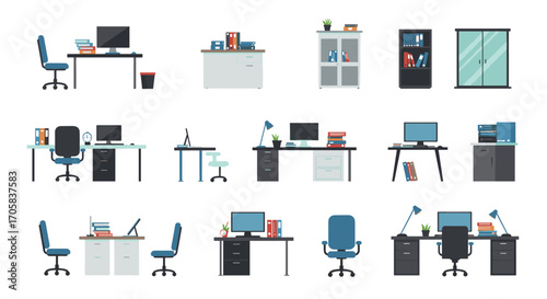 Modern office furniture set in flat design for workspace organization and productivity