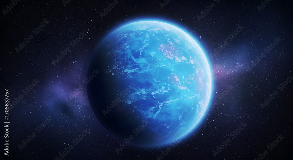 Fototapeta premium Celestial Beauty: A luminous blue planet, possibly Earth-like, floats serenely in the vastness of space. This breathtaking illustration showcases the mesmerizing allure of celestial bodies.