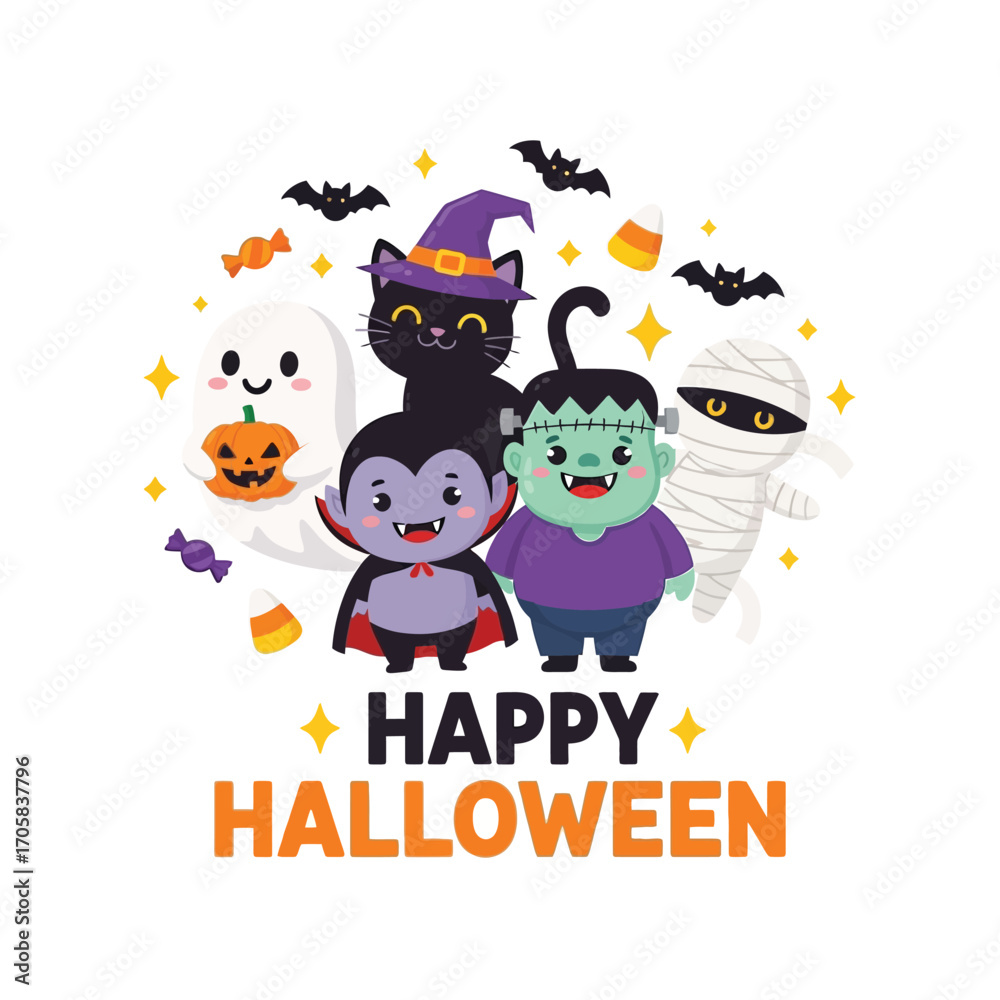 Fototapeta premium Cute Happy Halloween Spooky Skeleton Pumpkin Trick or Treat Skull and Bat Illustration