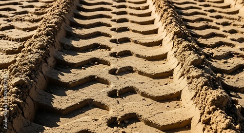 Closeup of deep tire tracks imprinted in dry sand on a sunny day