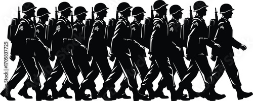 Silhouettes of armed soldiers marching in formation, military troops with rifles, disciplined army personnel walking in uniform, soldier group silhouette, war veterans, army parade vector art