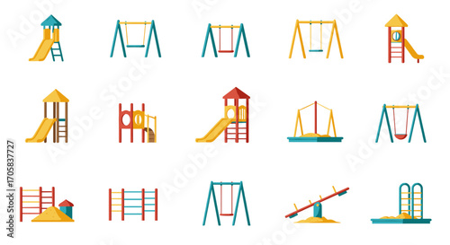 Playground equipment set with swings, slides, and sandboxes