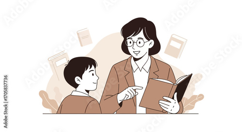 A Teacher Guiding A Student With Books, Reading Together, And Educational Illustrations
