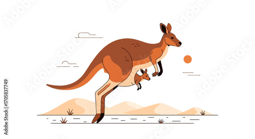 Animated Kangaroo With Its Joey Bouncing Across the Desert Landscape Illustration