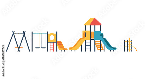 Colorful playground set with slides and swings in flat design