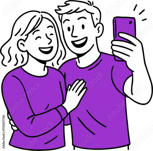 hand drawn style  Flat vector design ilustration happy couple with smartphone taking selfie