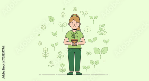 Animated Lady Caring For Potted Plant Surrounded By Decorative Botanical Elements