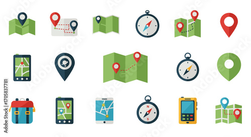 Colorful map and navigation icons set with pins and compasses