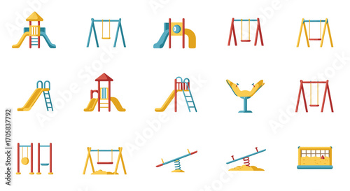 Playground equipment icons collection featuring slides, swings, and seesaws in flat design