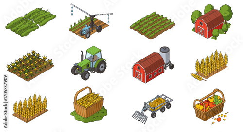 Isometric farm elements: tractor, barn, crops, irrigation, harvest baskets