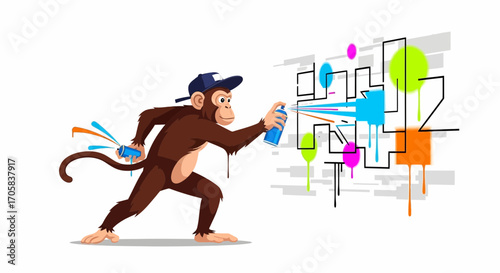 Animated Monkey Spray Painting Graffiti Art On Modern White Background Display