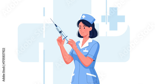 Animated Nurse Holding a Syringe Preparing for Vaccination in Medical Healthcare