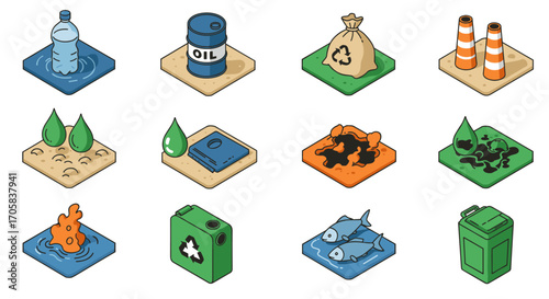 Isometric environmental icons representing pollution, recycling, and conservation