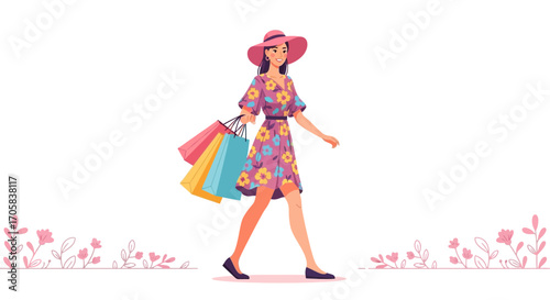 A Woman Adorned In a Floral Dress Strolls After A Shopping Spree in Style