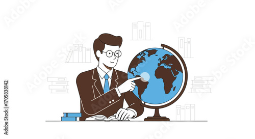 Animated Professor Pointing At Globe Representing Geography and Global Knowledge