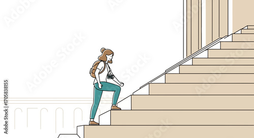 A Woman Ascending Stairs With Camera, A Journey Through An Architectural Structure
