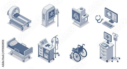 Isometric medical equipment set featuring hospital bed, mri machine, and wheelchair