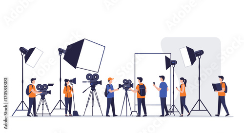 Filmmaking crew with equipment in modern flat style