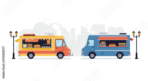 Vibrant food trucks in urban setting with light posts and city skyline