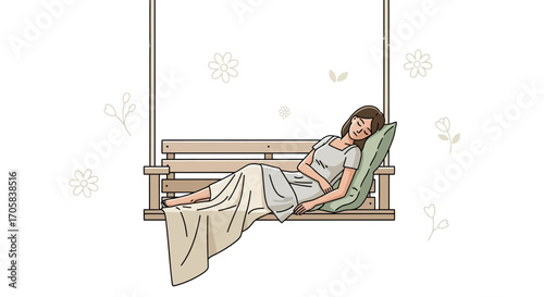 A Woman Resting On A Wooden Swing In A Tranquil And Peaceful State