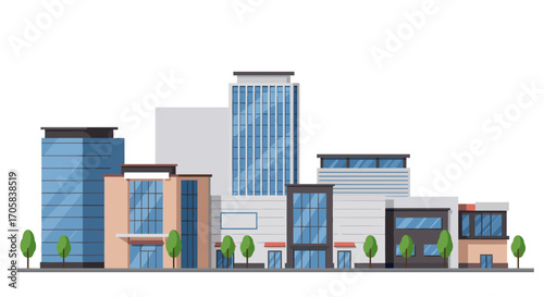 Urban cityscape with modern office buildings and trees in a flat design
