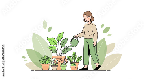 A Woman Watering Plants, Caring For A Garden, And Nurturing Her Greenery.