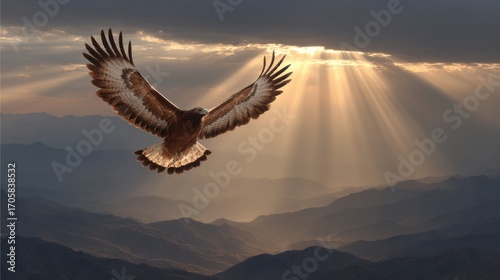 Golden Eagle Flying over Mountains with Sun Rays