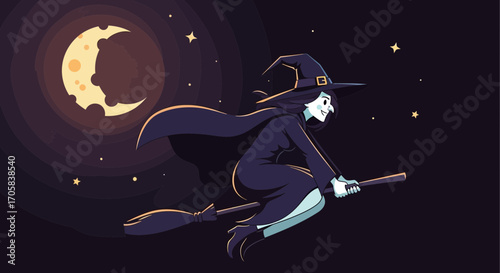 Animated Witch Soaring On Broom Under The Glowing Moon At Night Sky