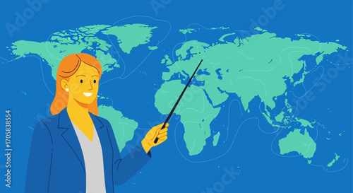 A World Presentation with Businesswoman Pointing to Areas to Represent the Planet