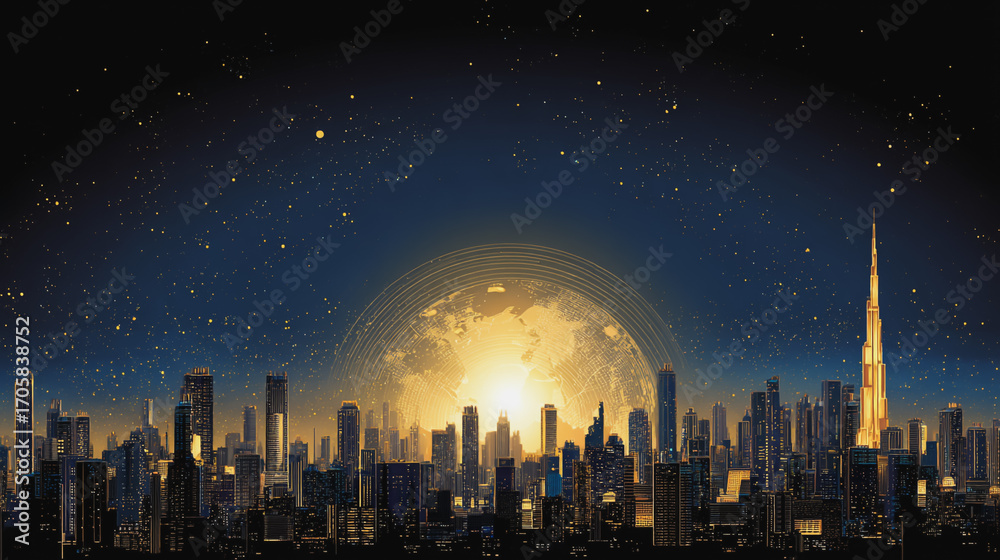 Fototapeta premium Twilight in the Smart digital Innovation city with connection network reciprocity over the cityscape. of future smart wireless digital city and social media networking systems that connects people
