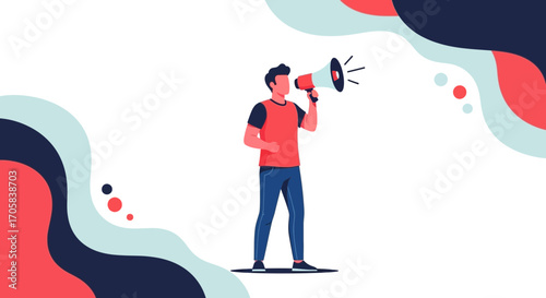 Anouncing Through A Megaphone, Digital Illustration Of A Person Speaking To The Masses, Vector